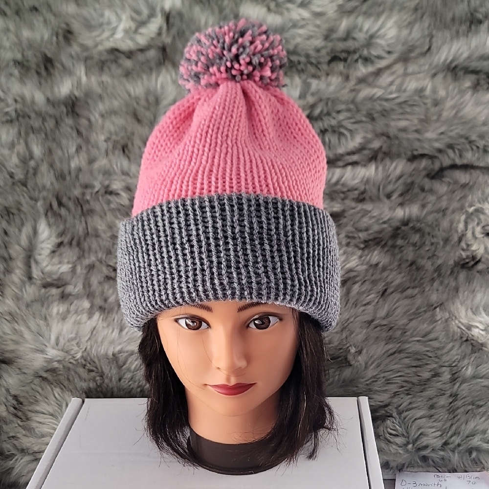 Handmade Pink and Gray Knit Pom-Pom Beanie